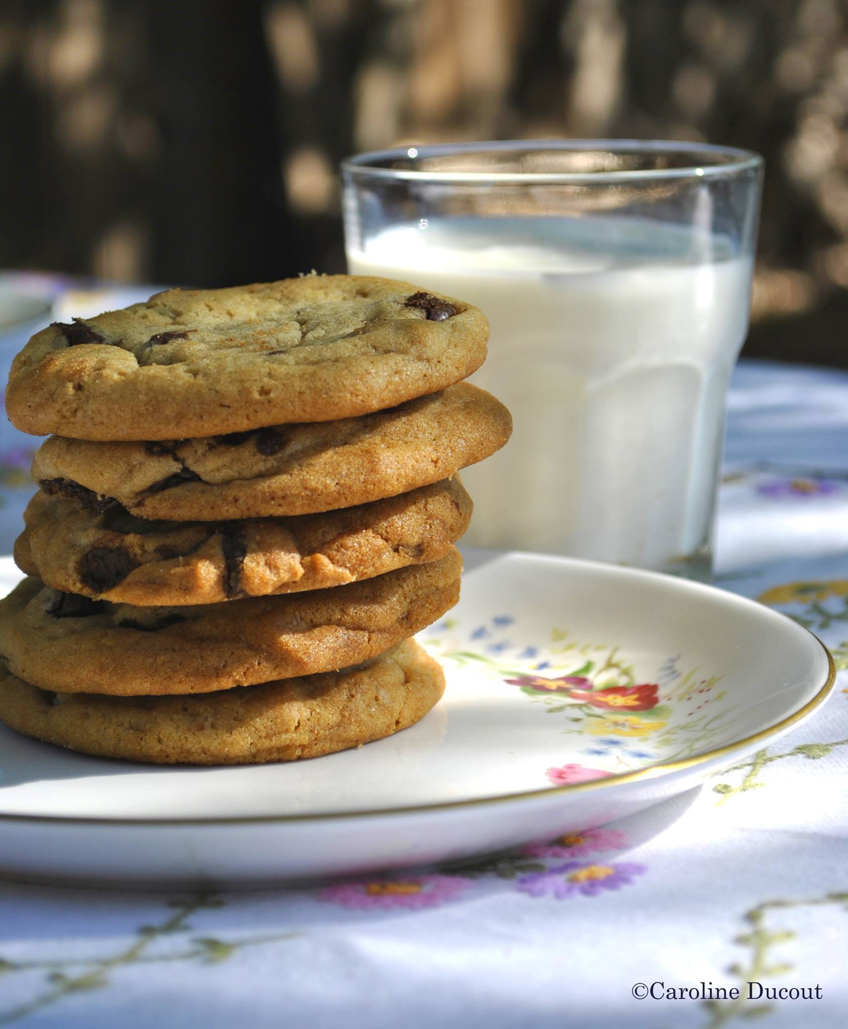 Dervaes+Institute+-+cookies Stack of freshly baked chocolate chip cookies on a decorative plate, accompanied by a glass of milk, set on a floral tablecloth in a sunny outdoor setting.