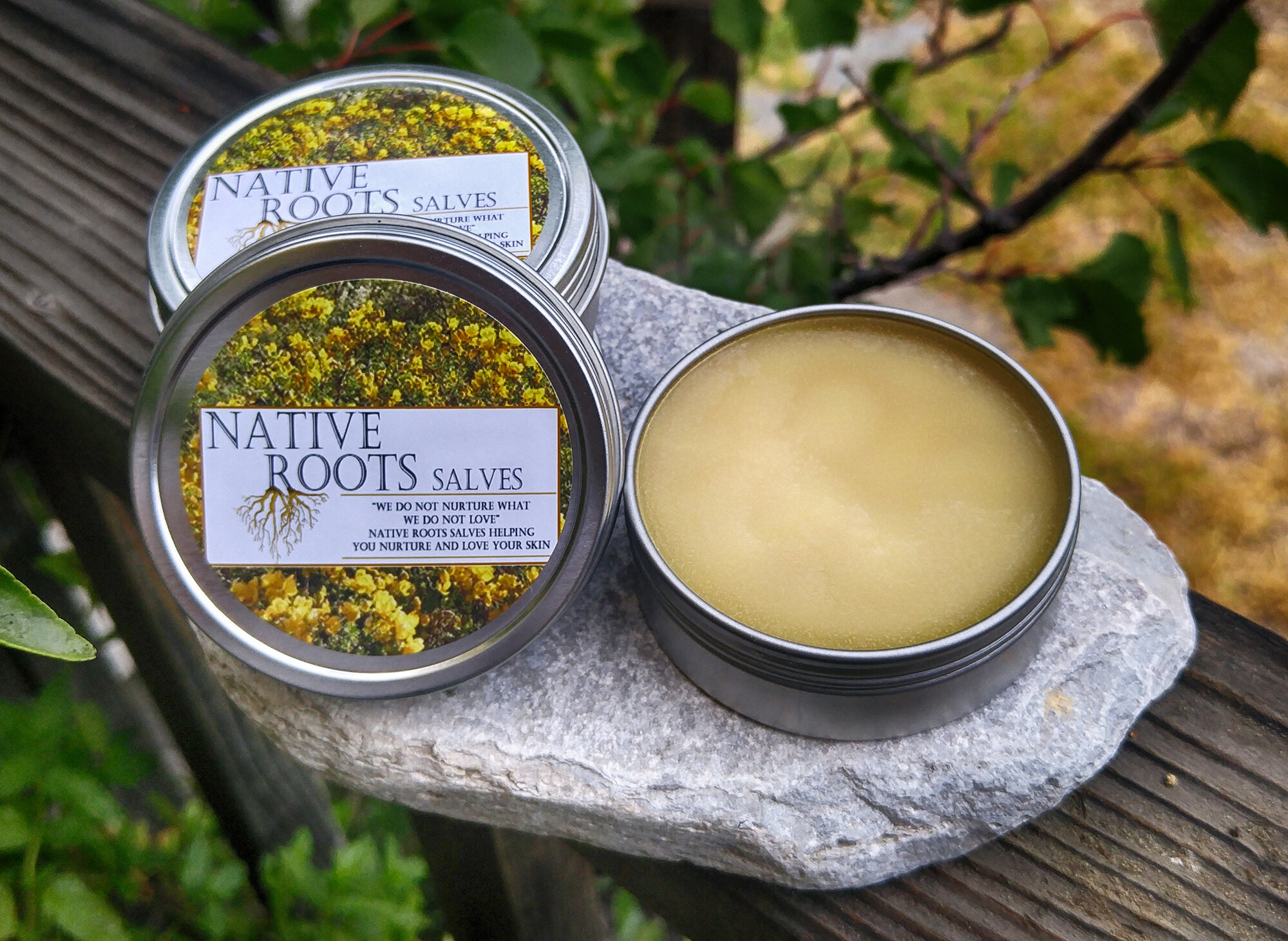 Dervaes+Institute+-+salve Native Roots salves displayed in metal tins, featuring a vibrant floral design on the lid. The salves are positioned on a natural stone surface, highlighting their organic and skin-nurturing qualities. Ideal for promoting healthy skin, these products emphasize natural ingredients and holistic care.