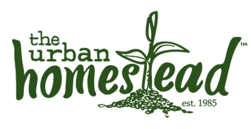 Logo Logo of The Urban Homestead, featuring green text and a sprouting plant, established in 1985, symbolizing sustainable urban gardening and homesteading practices.