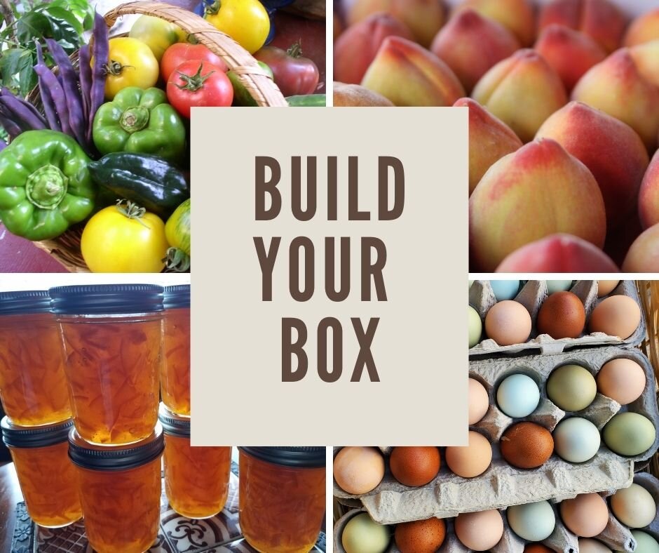Colorful assortment of fresh vegetables, including peppers, tomatoes, and zucchini, alongside jars of homemade preserves and a variety of eggs in cartons. The image promotes the concept of building a custom box of local produce and goods.