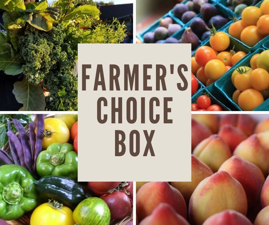 Vibrant assortment of fresh vegetables and fruits in a farmer's choice box, featuring leafy greens, colorful tomatoes, bell peppers, and peaches, promoting healthy eating and local agriculture.